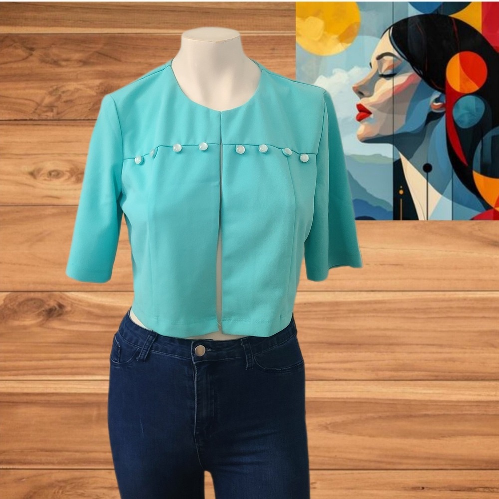 Perceptions New York Women's Crop Cardigan Size S Seafoam Color Short‎ Sleeves